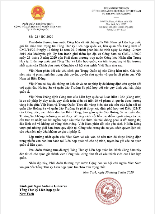 Việt Nam gửi công hàm đến Liên Hợp Quốc phản đối lập trường của TQ về Biển Đông  - ảnh 1